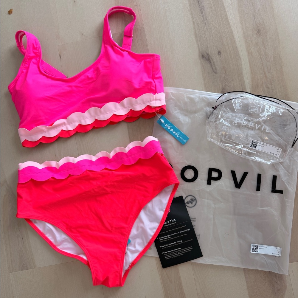 Popvil scalloped trim high-waist sport bikini set